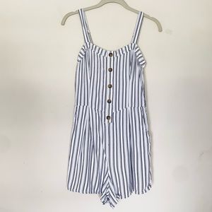 Hollister | Button Front White and Blue Striped Romper Playsuit with Pockets